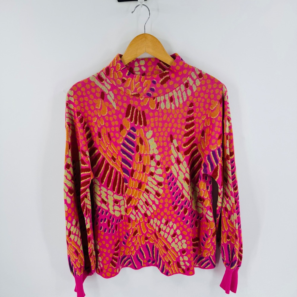 Fate Mock Neck Sweater‎ Women Size M Pink Orange Purple Abstract Boho Maximalist